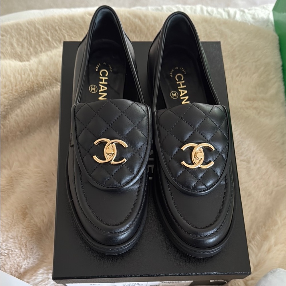 CHANEL Quilted Tab Loafers, Black, 38.5. Worn once!